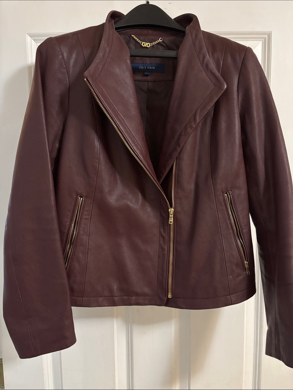 Cole Haan Burgundy Leather Asymmetrical Zip Jacket